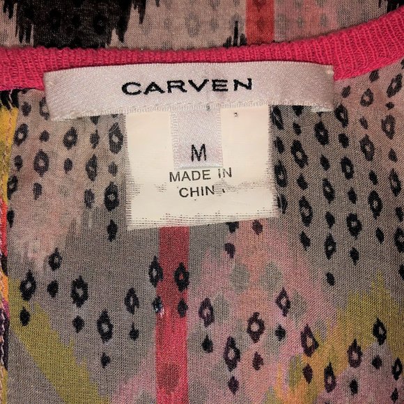 Vintage Carven Silk Chiffon Pink Print Knit Trim Long Sleeveless Top Oversized - Picture 12 of 12